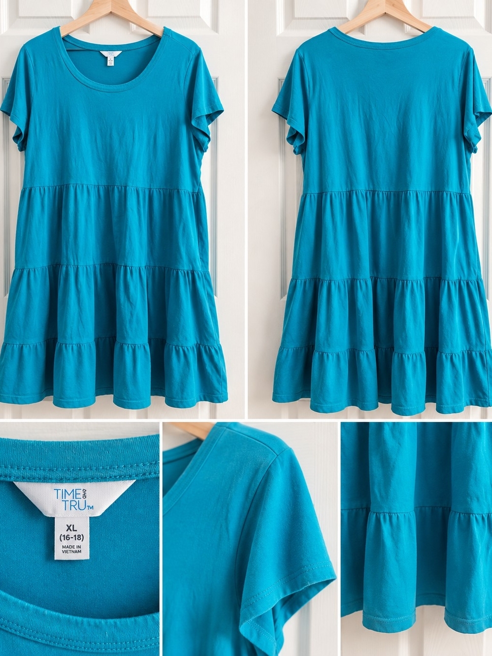 Time and Tru Bright Teal Tiered Short Sleeve Women's Dress